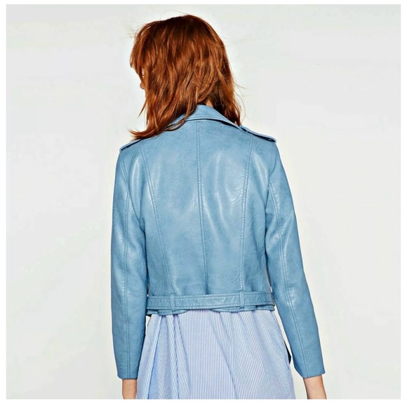ZARA NEW WOMAN BIKER FAUX LEATHER JACKET SKY BLUE - Picture 3 of 3